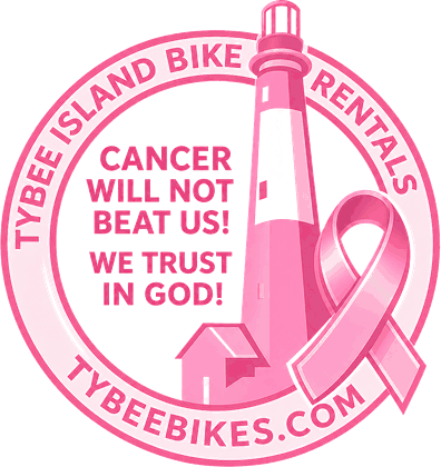 Tybee Island Bike Rentals pink ribbon logo reading Cancer will not beat us, we trust in God